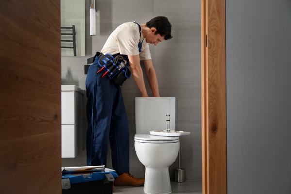 Szakember wc duguláselhárítását végzi